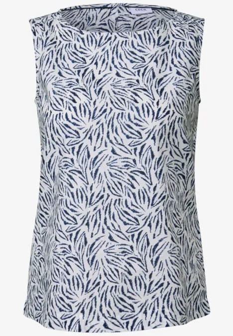 Ärmelloses Top mit blau-weißem Blättermuster.